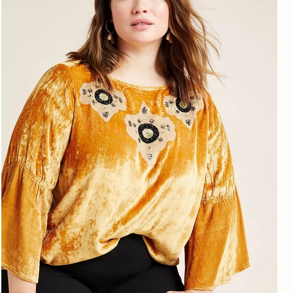 Anthropologie Seen Worn Kept Carina Beaded Velvet Blouse Women's Size 2XL - Picture 2 of 12